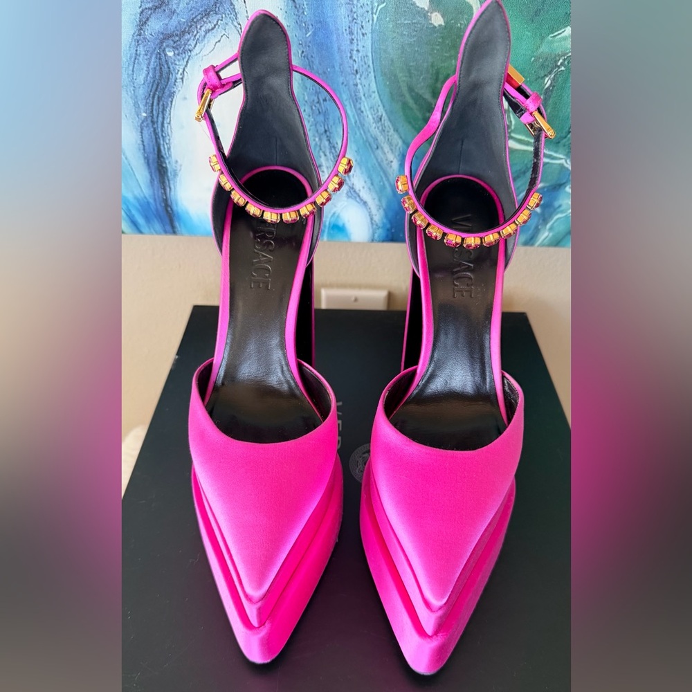 Versace Fuchsia Satin Platform Slingback Heels with Jeweled Ankle Straps